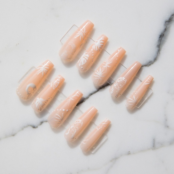Nude Tropical Print Hand Painted Press On Nails - Picture 1 of 6